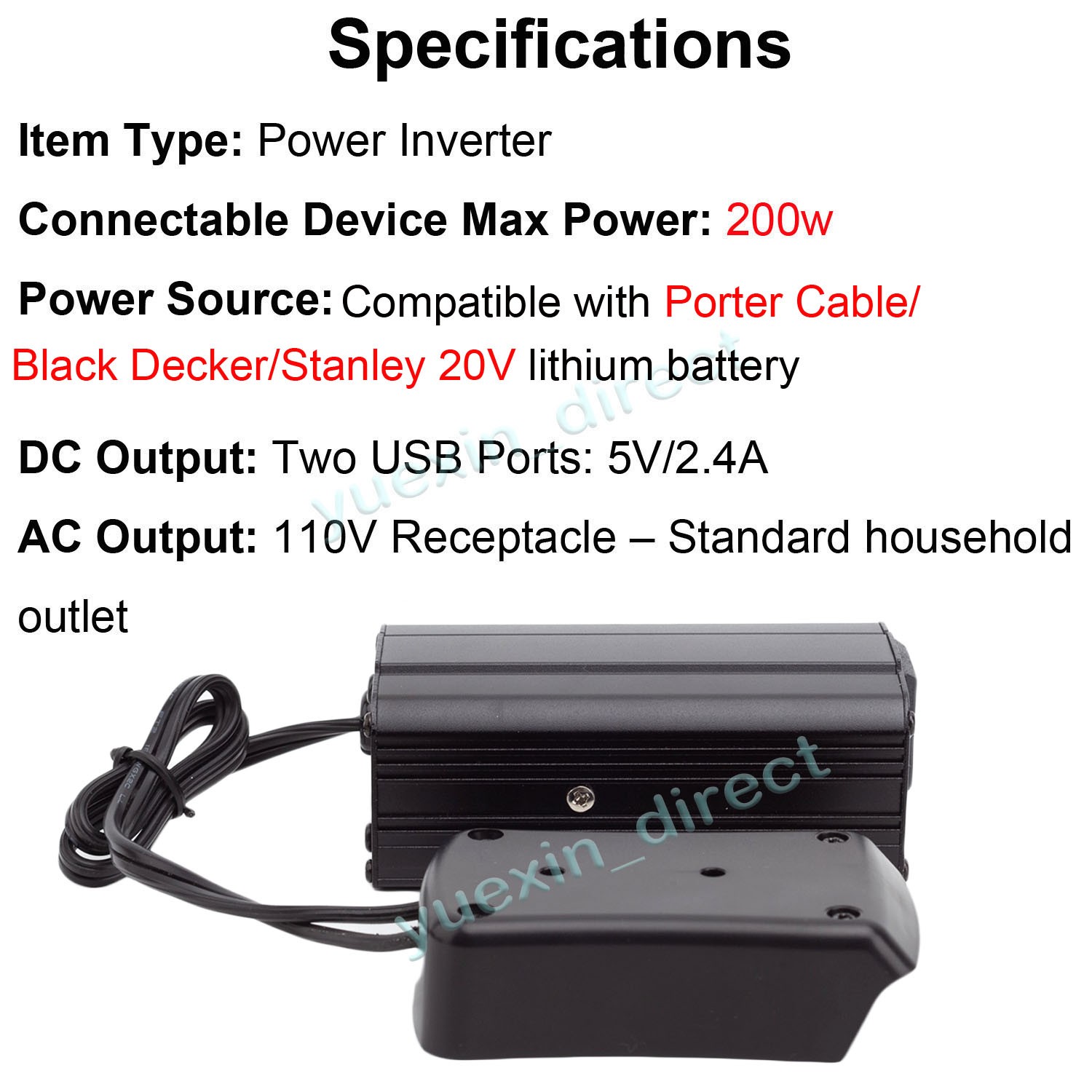Power Inverter For Porter Cable/ For Stanley/ For Black&Decker DC 20V to AC 110V