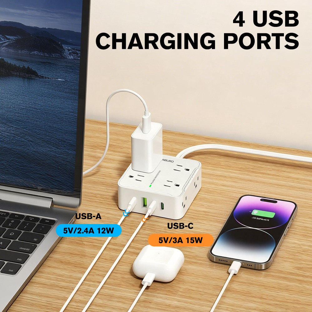 12in1 Power Strip Surge Protector 8 AC Outlets 2 USB +2 Type C Port 6.5 FT US