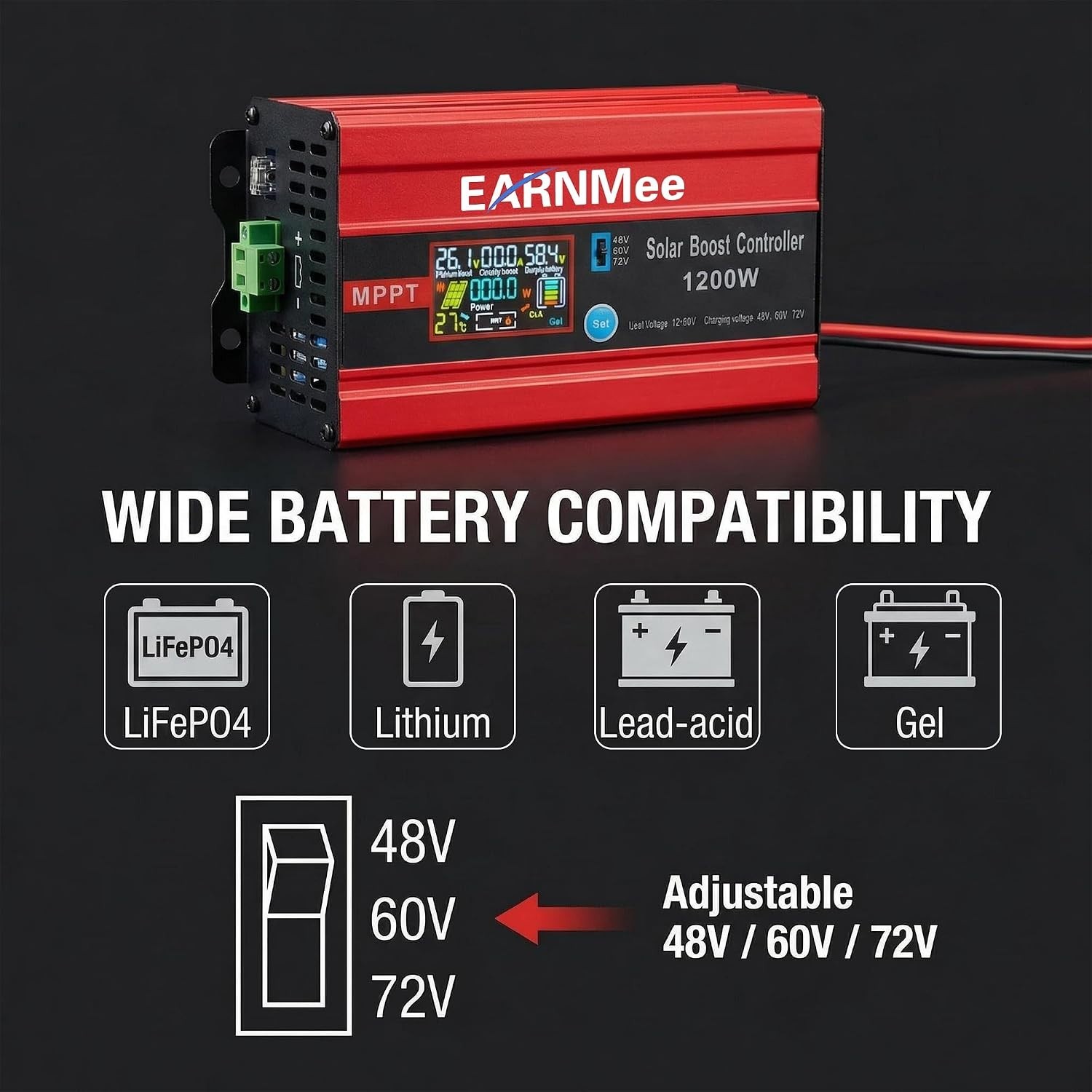Compact 1200W Solar Controller with 30A Input, Compatible with All Battery Types