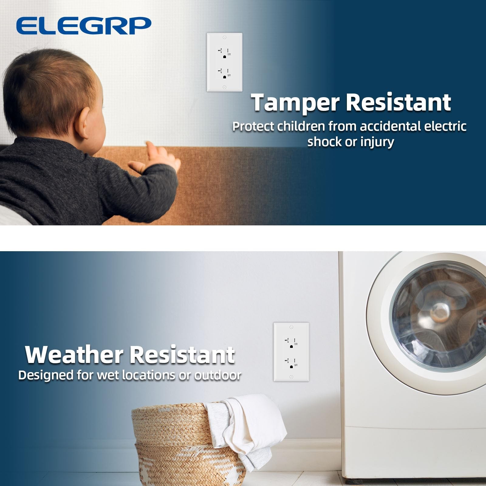 Glossy White Decorator Wall Receptacle Outlets, TR Tamper Resistant & WR Weather