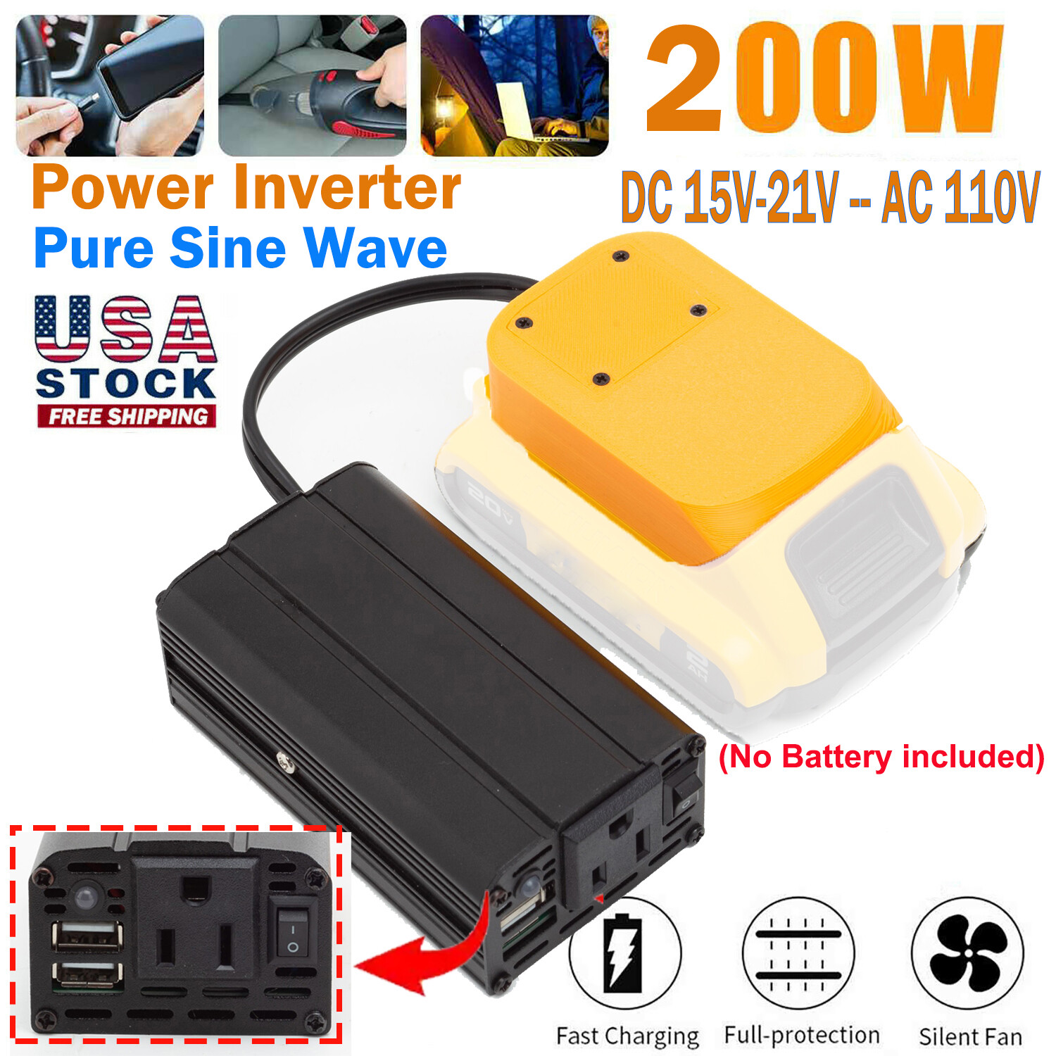 Power Inverter For Dewalt Battery DC18-20V to AC 110V Dual USB Outdoor Pure Wave