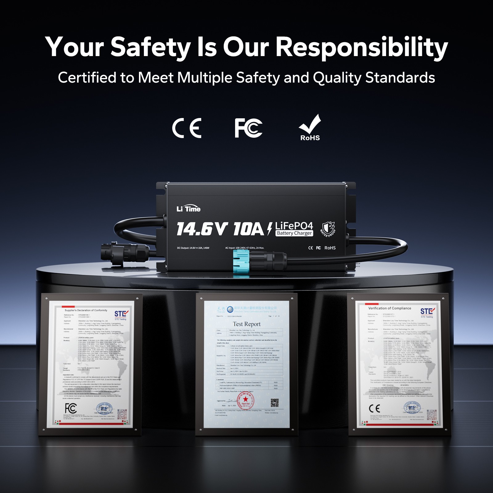 LiTime Waterproof 14.6V 12V 10A LiFePO4 Onboard Charger for Marine-Refurbished
