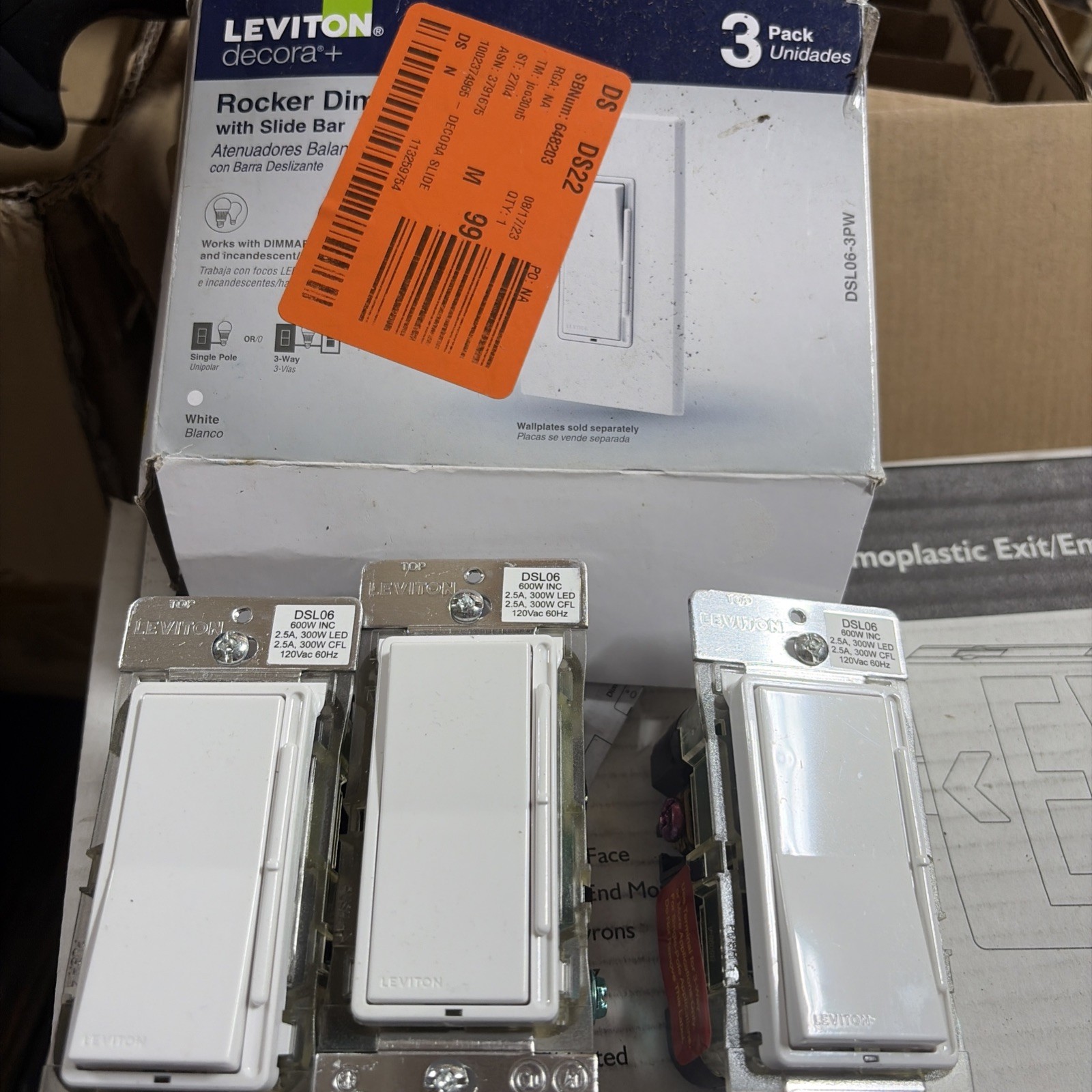 3 pack Leviton Decora 600W Universal Rocker Slide Dimmer Switch