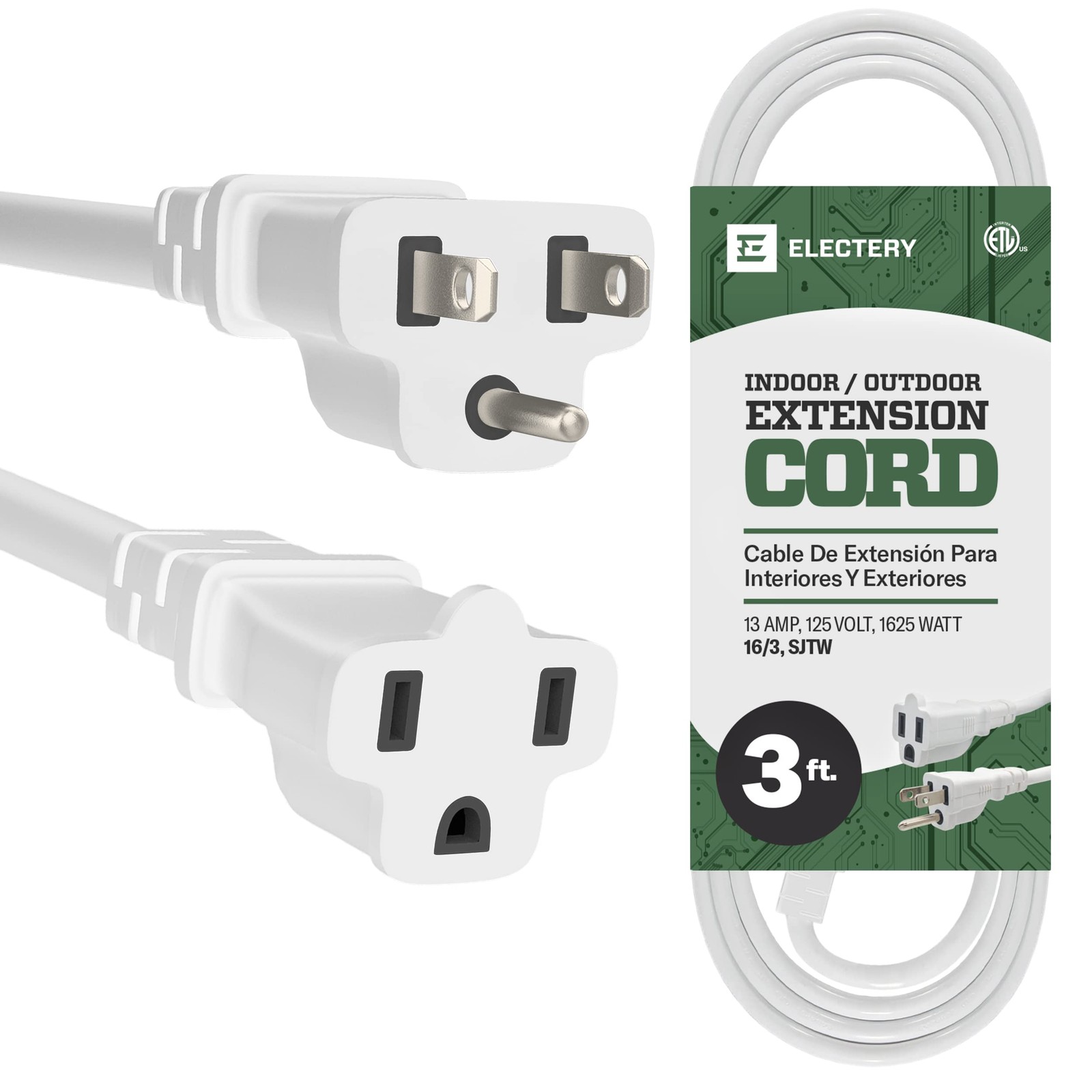 White Extension Cord 3 Ft 16/3 SJTW 3 Prong Outdoor Extension Cord – 13 Amps