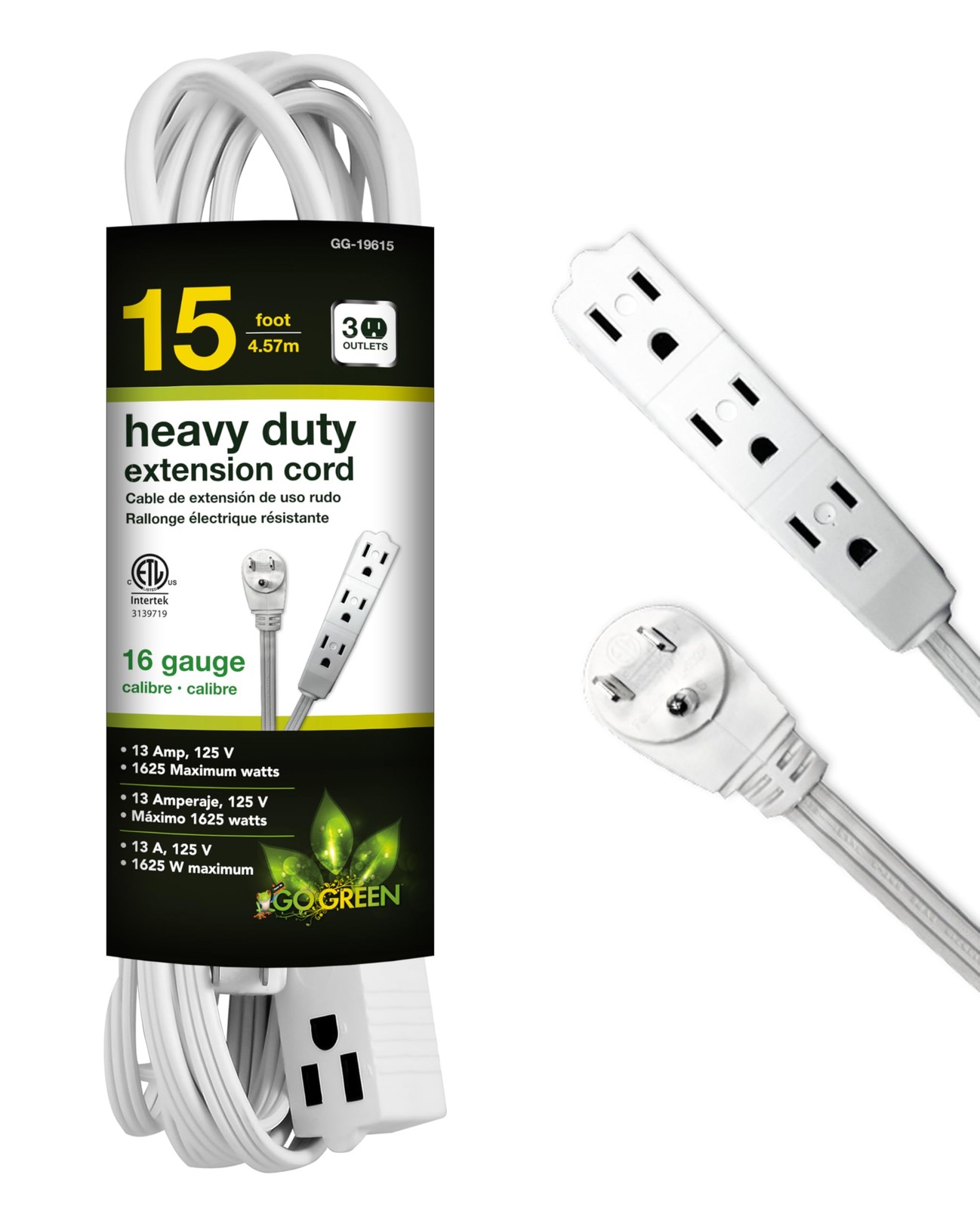Go Green Power Inc. 15ft Extension Cord with 3 Outlets, White – Compact, Flus…