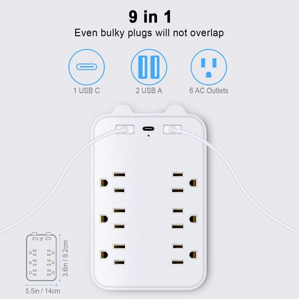 6 Outlet Extender Surge Protector Multi Plug Wall Adapter USB Charger Ports with