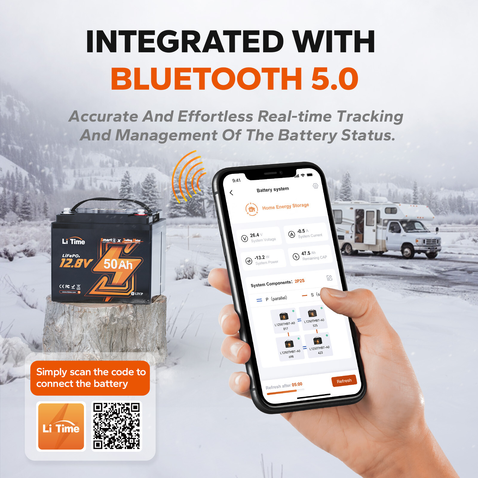 LiTime 12V 50Ah Bluetooth LiFePO4 Lithium Battery For RV Camper Trolling Motor