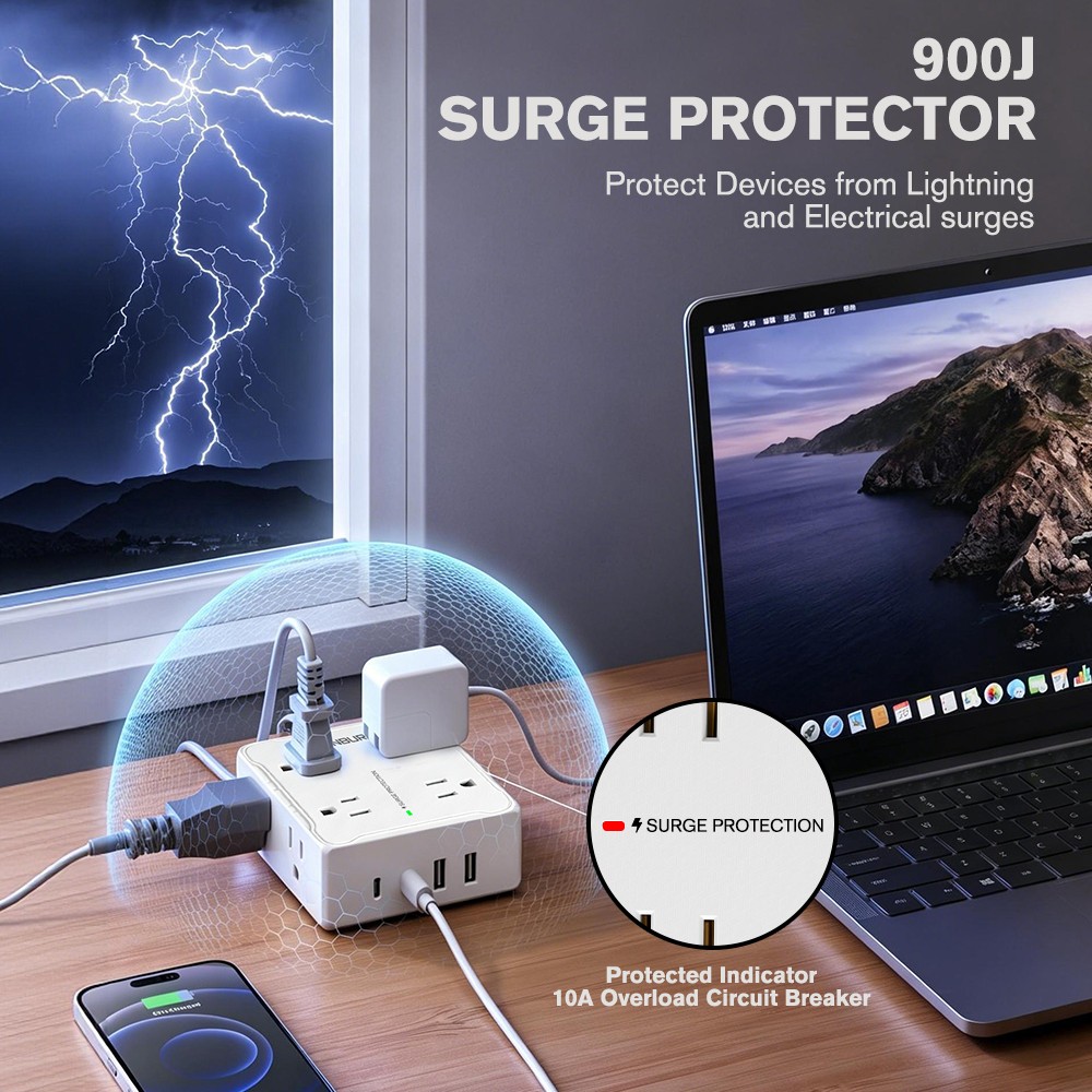 Flat Plug Power Strip with 8 Outlet Long Extension Cord USB Port Surge Protector