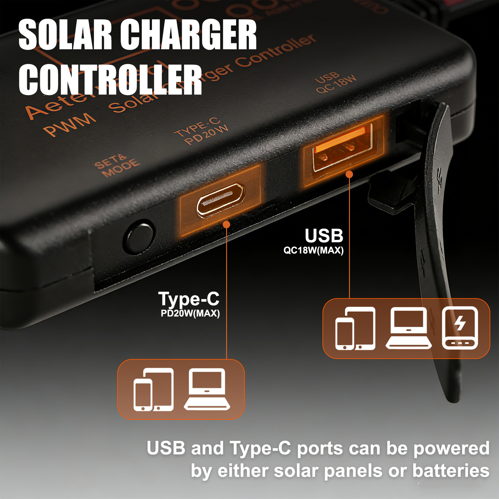 Solar Charge Controller 12V 20A Type-C&USB for Solar Panel Gel, AGM LiFePO4
