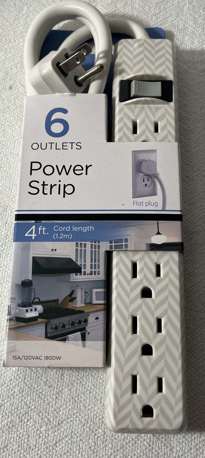 6-Outlet Power Strip, 4 Ft Extension Cord, Power Strip, Grey & White Chevron