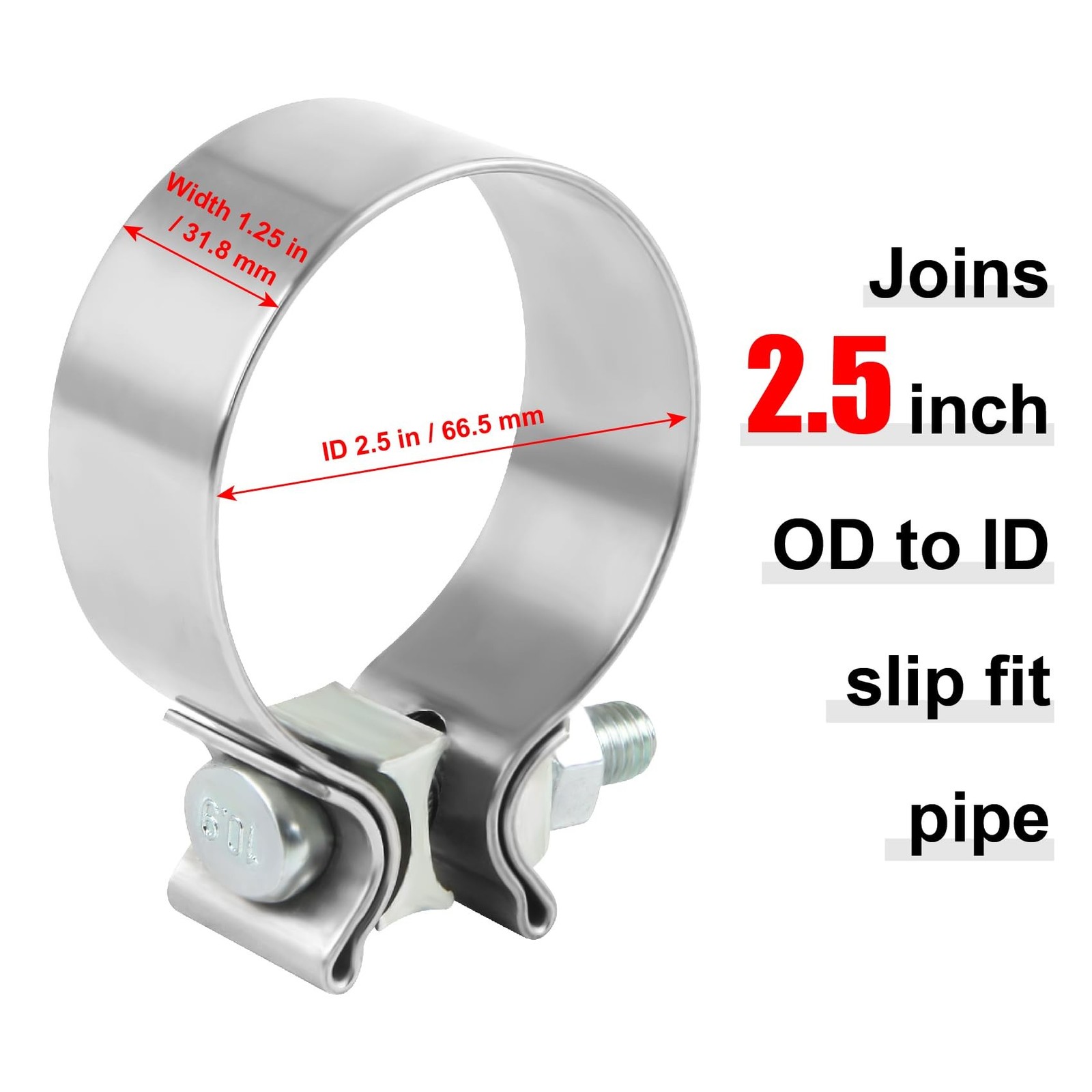 2.5 Inch Exhaust Clamp, 2.5″ Narrow Band Muffler Clamp, Stainless Steel, 2pcs