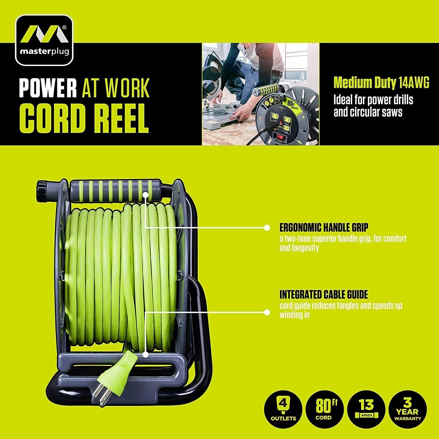 Ergonomic Cord Reel with High Visibility Cable and On/Off Switch