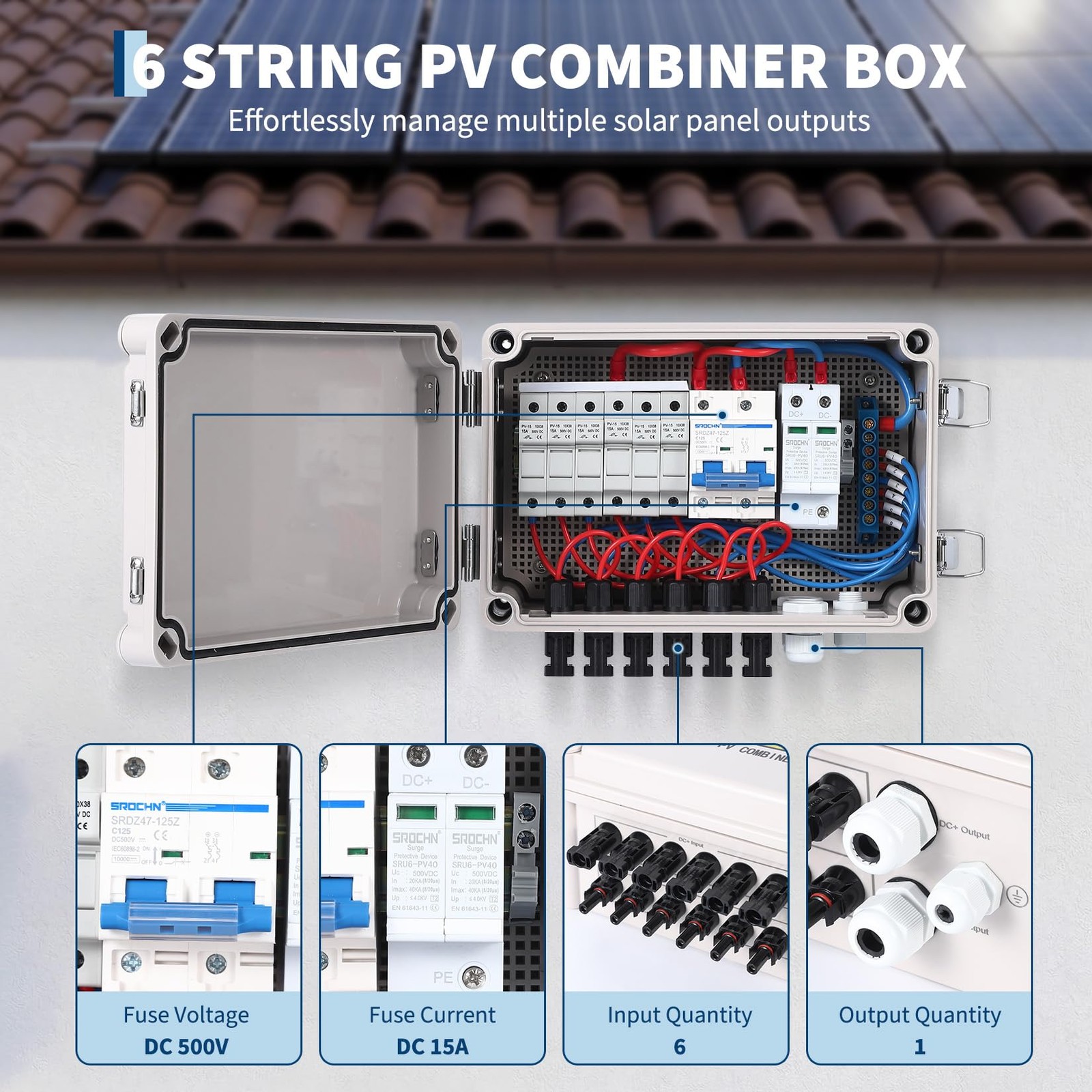 1pc 6 String PV Combiner Box, DC 500V 15A Fuse Solar Combiner Box Plastic Wate