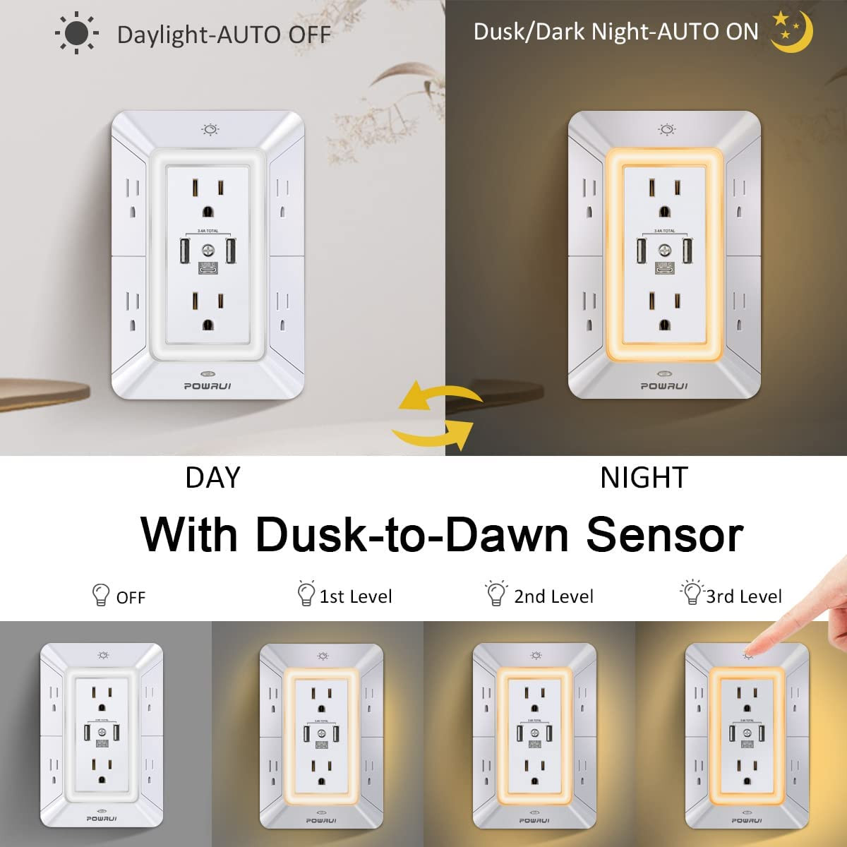 Multi Plug Outlet Surge Protector-6 Outlet Extender w/ 3 USB Ports & Night Light