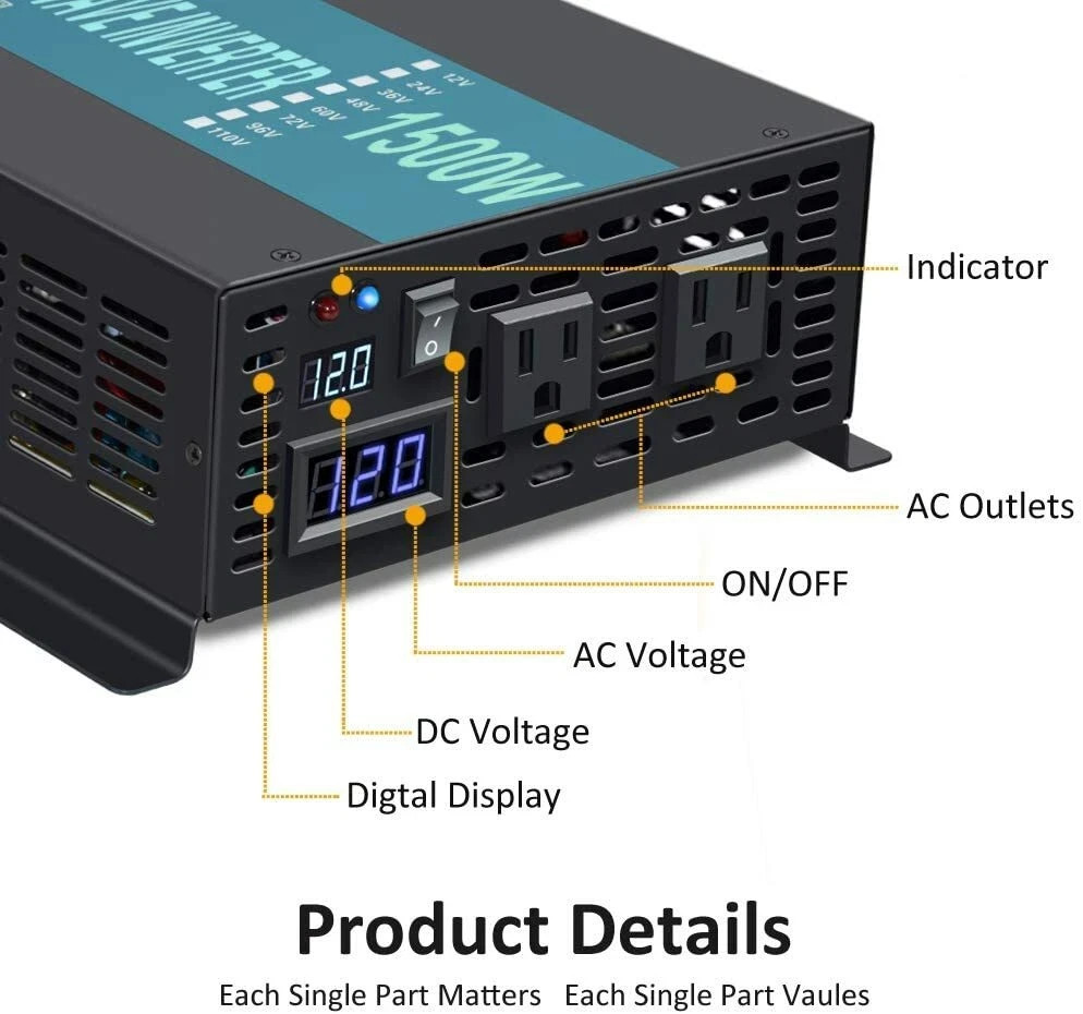 12v to 120V Pure Sine Wave Inverter 1500W for auto workshop or solar system