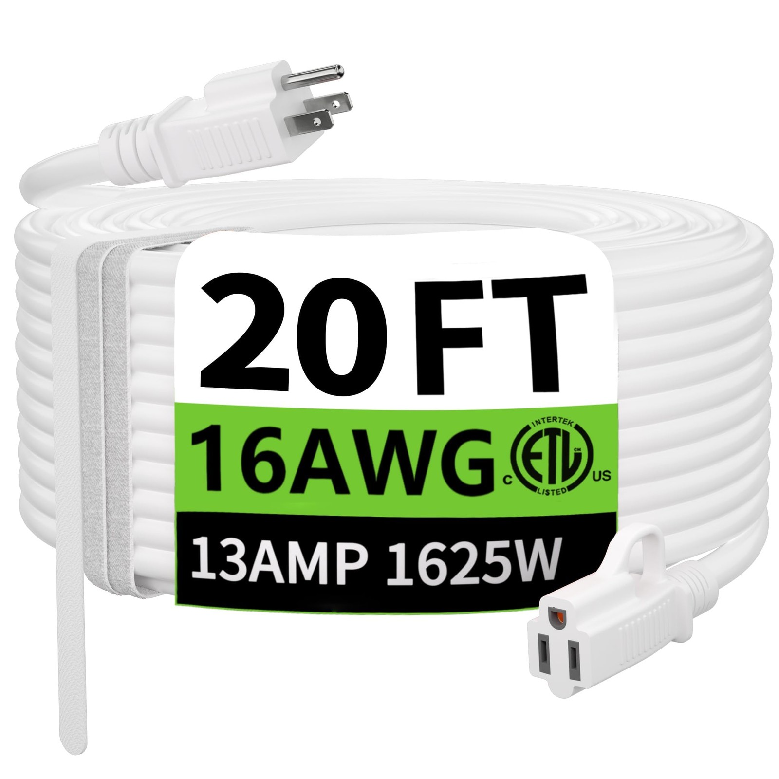 Indoor Outdoor White Extension Cord 20 Ft Waterproof 16/3 Gauge Flexible Coldres