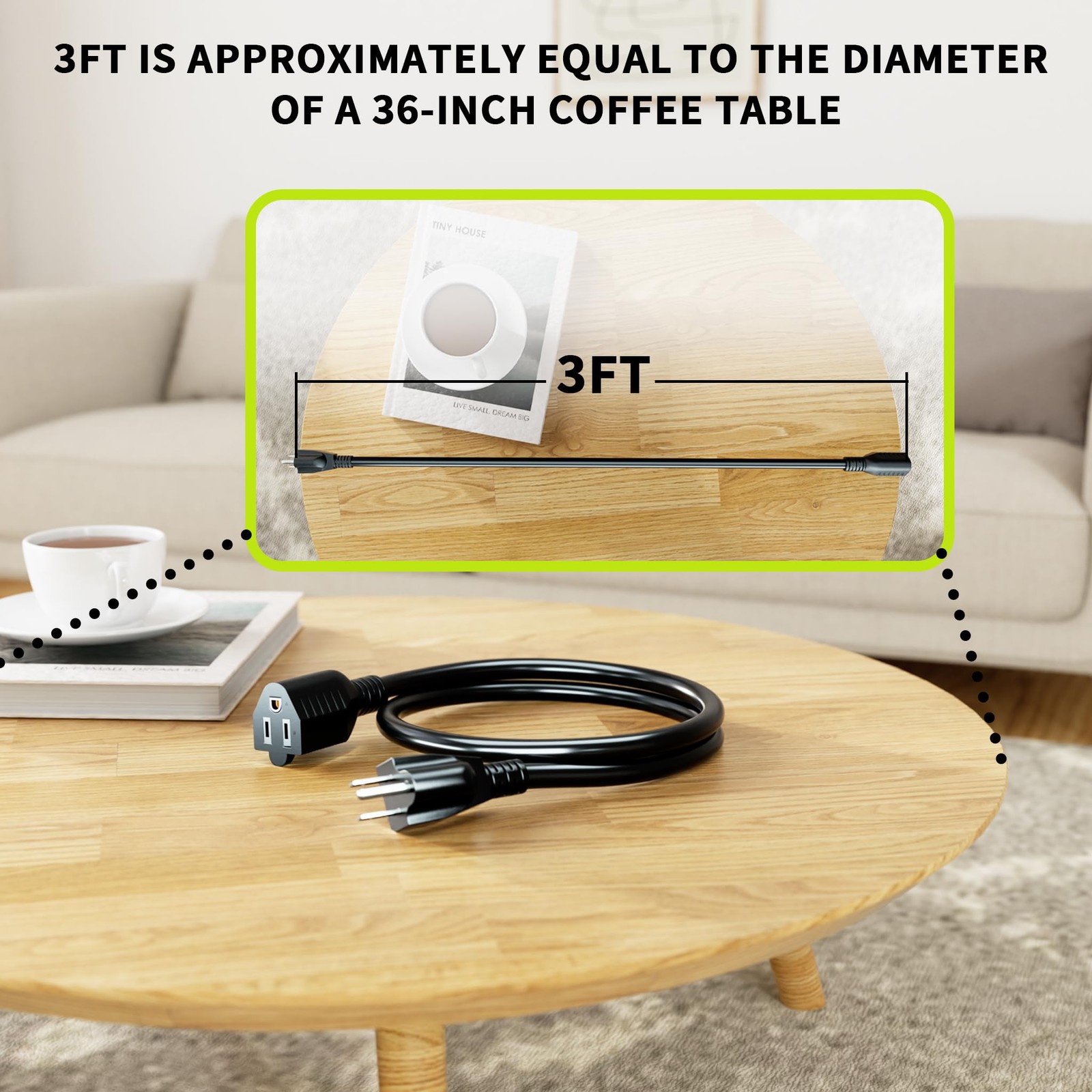 3FT 2Pack 13A 125V 1625W ETL Listed, 16/3 Indoor Extension Cord Black, Short …