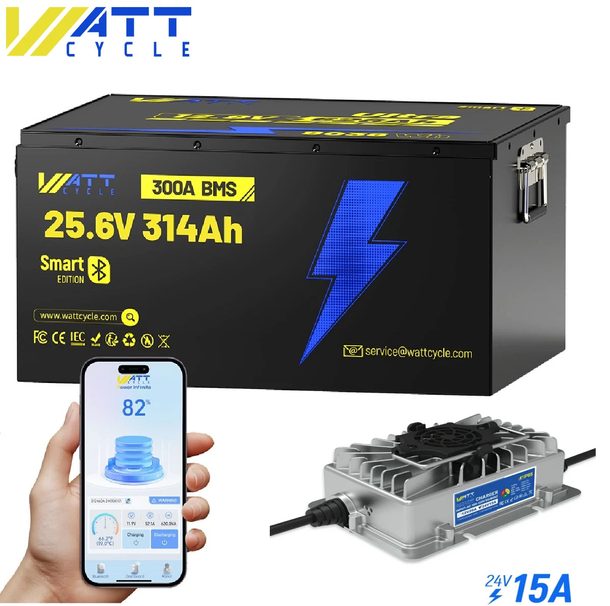 WattCycle 24V 314Ah LiFePO4 Battery 300A BMS + 24V Charger for RV Solar Off-Grid