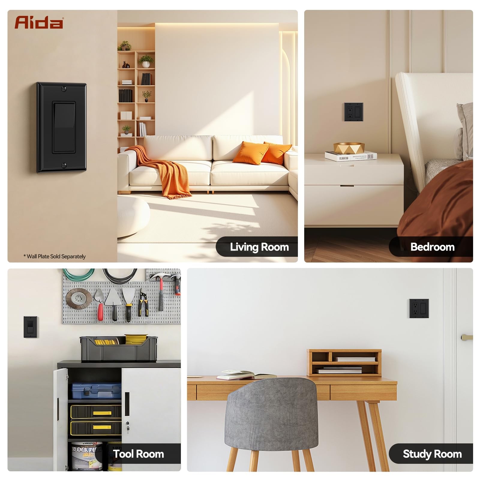 AIDA Single Pole Rocker Decorator Light Switch, Glossy Black