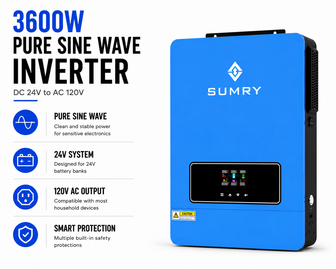 SUMRY 3.6KW Hybrid Solar Inverter 24V 120V Pure Sine Wave MPPT 120A Dual Output