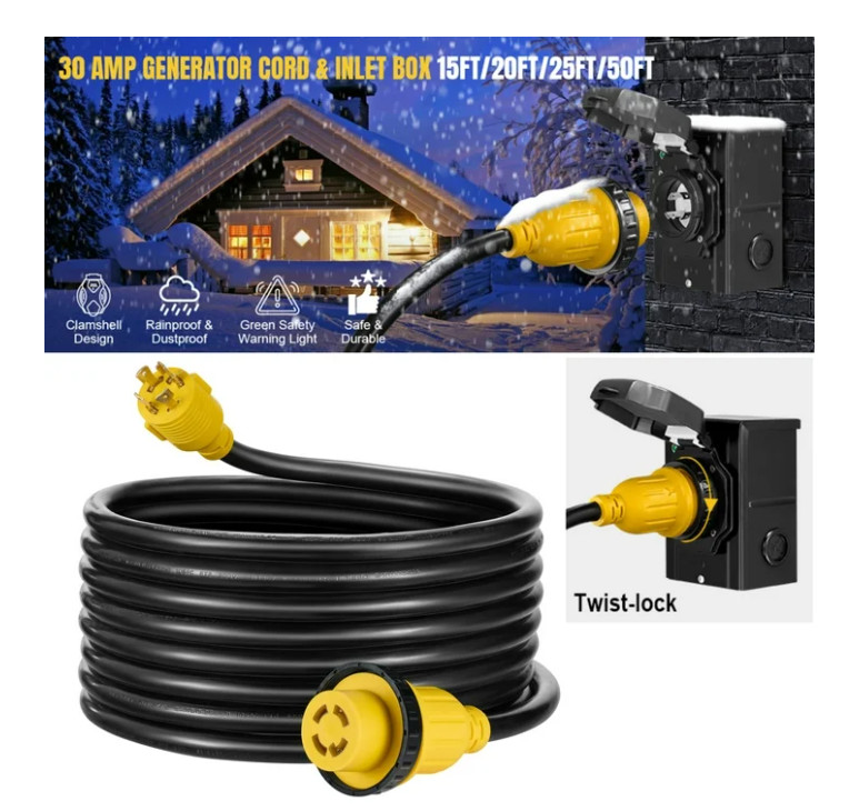 20FT 30Amp RV Extension Cord with Generator Inlet Box ETL L14-30P to L14-30R