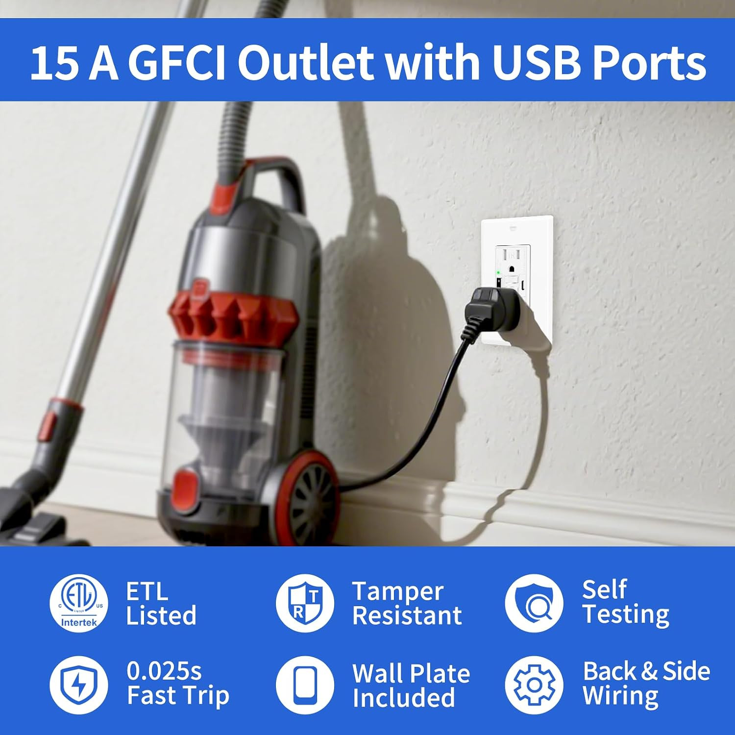 15A GFCI Outlet with USB C&A, Self-Test TR ETL Listed White 2 Pack | Tamper-Resi