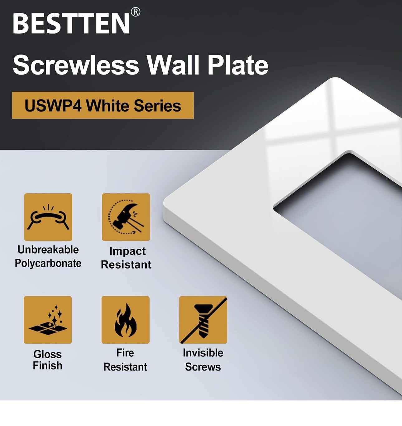 [100 Pack] BESTTEN 1-Gang Screwless Wall Plate, USWP4 White Series, Decorator