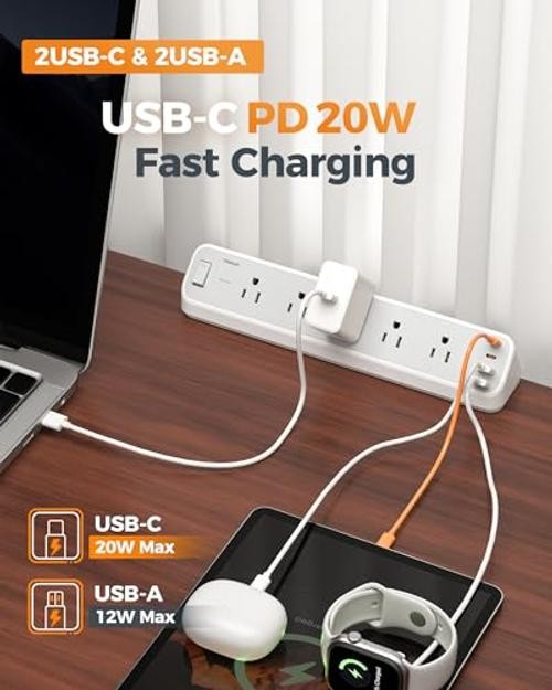 Desk Clamp Power Strip 10 Ft with 2100J Surge Protector, Gray | 5 10 FT Grey