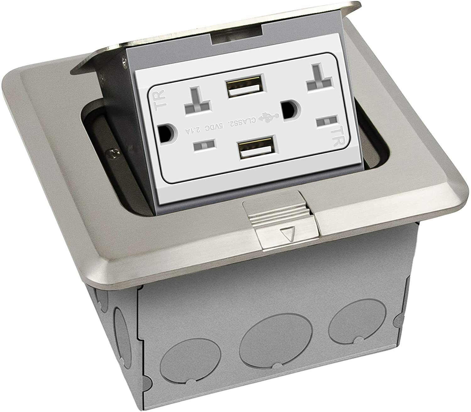 ENERLITES Square Pop-Up Floor Outlet Box Kit 5.0” x 5.5”, 2.1A USB Charging, 20A