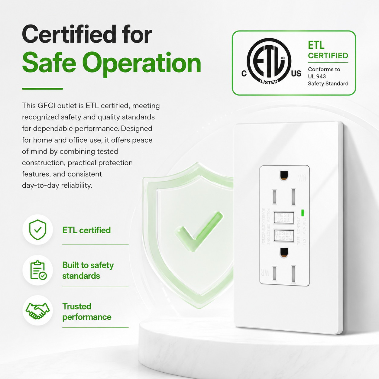 15 Amp GFCI Outlet TR Weather Resistant Back & Side Wiring Easy Install ETL 1PK