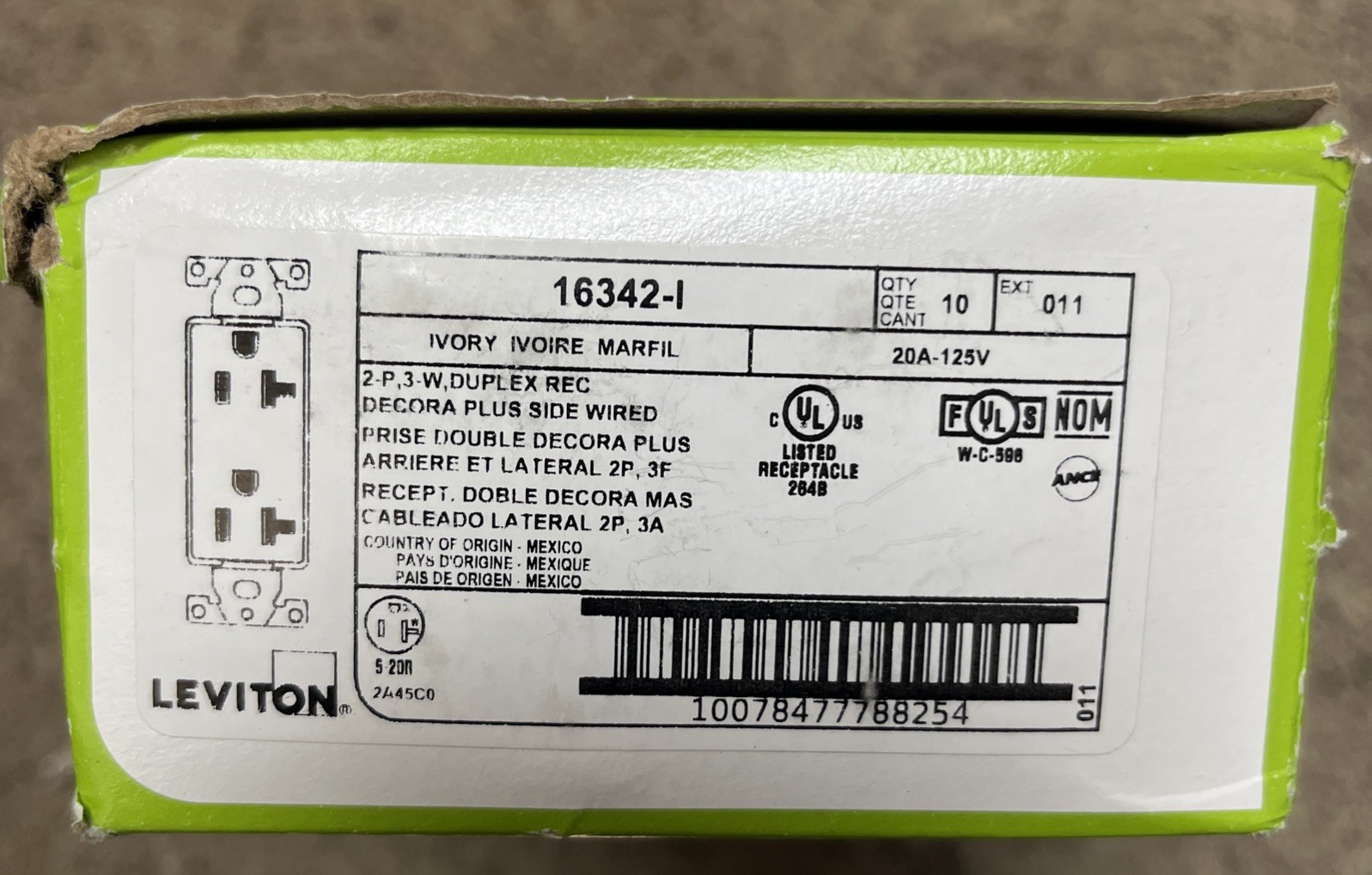 Leviton Decora Plus20Amp 125V Industrial Grade Duplex Outlet/Receptacle,Ivor10PK