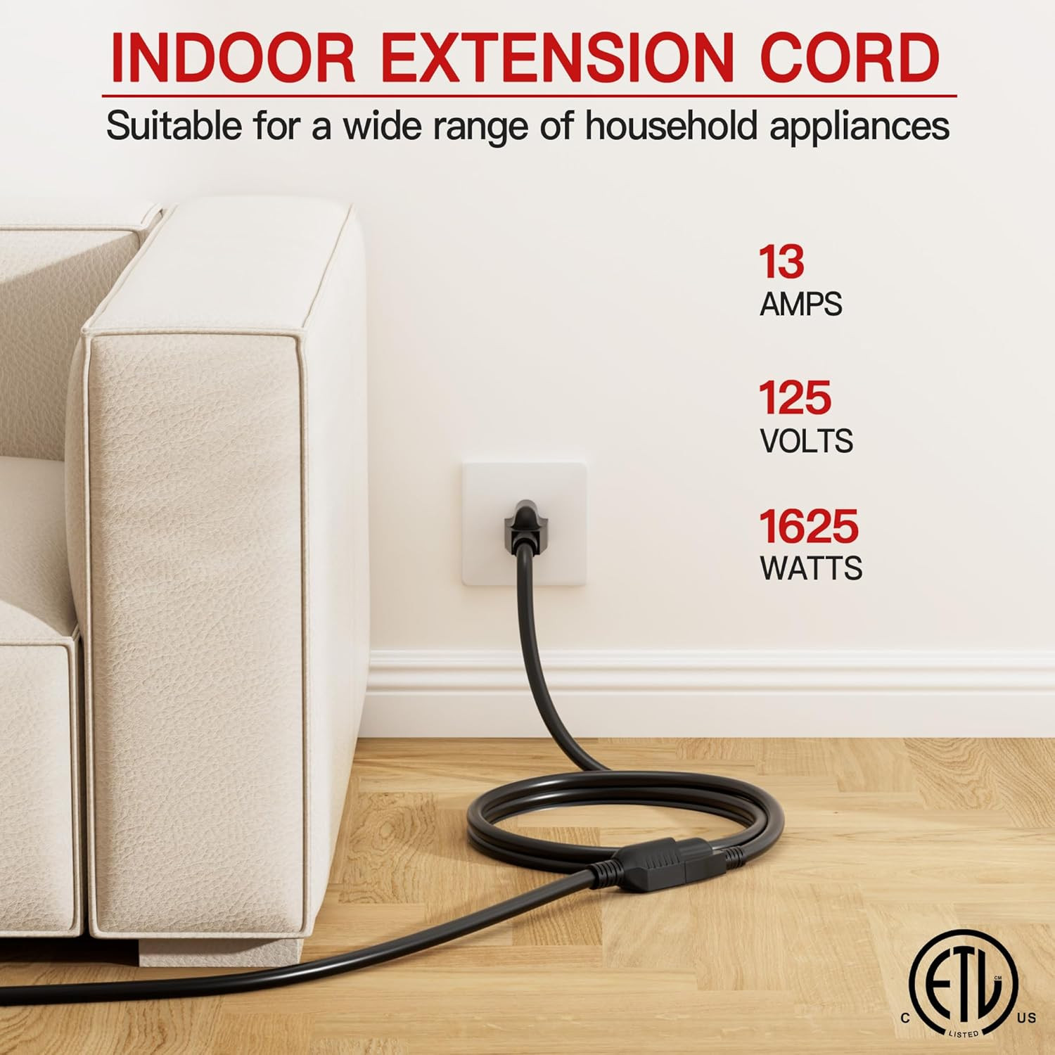 16/3 Short Extension Cord 4 FT, Black Extension Cord Flexible & Durable, Indoor