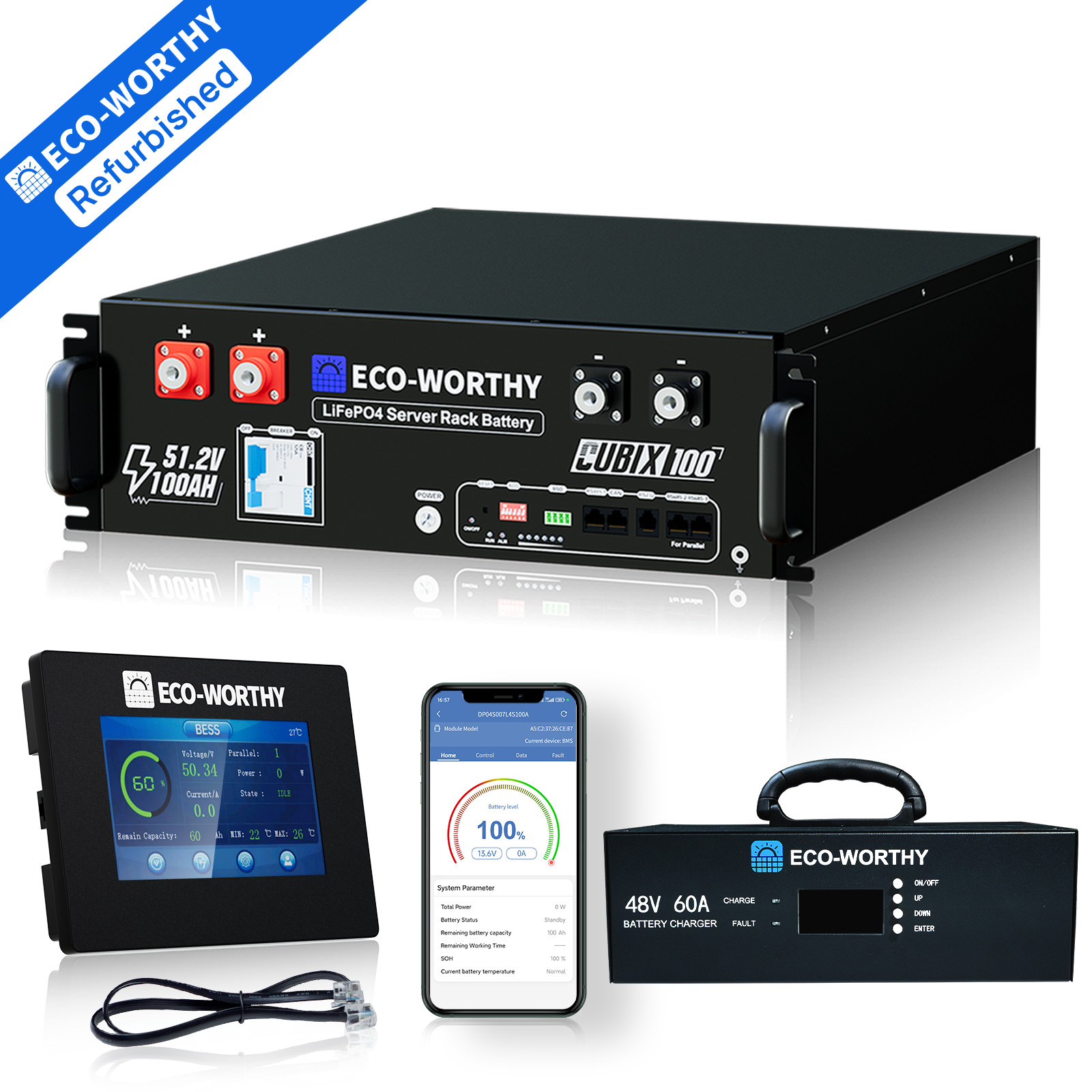 ECO-WORTHY 48V 100AH Lithium Battery UL9540A+ 48V 60A Charger+Battery Monitor
