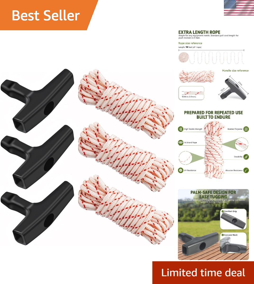 3 Pack 10ft Braided Starter Rope with Ergonomic Handle – Universal Fit for Tools