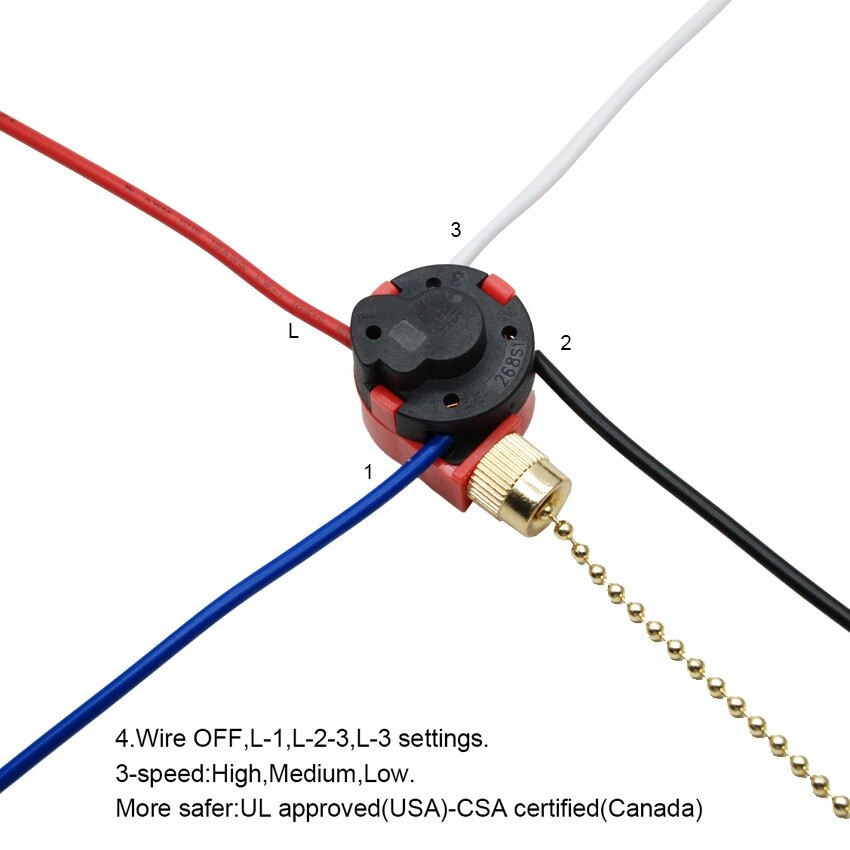 3 Speed 4 Wire Replacement Speed Control Ceiling Fan Pull Chain Switch ZE-268S1