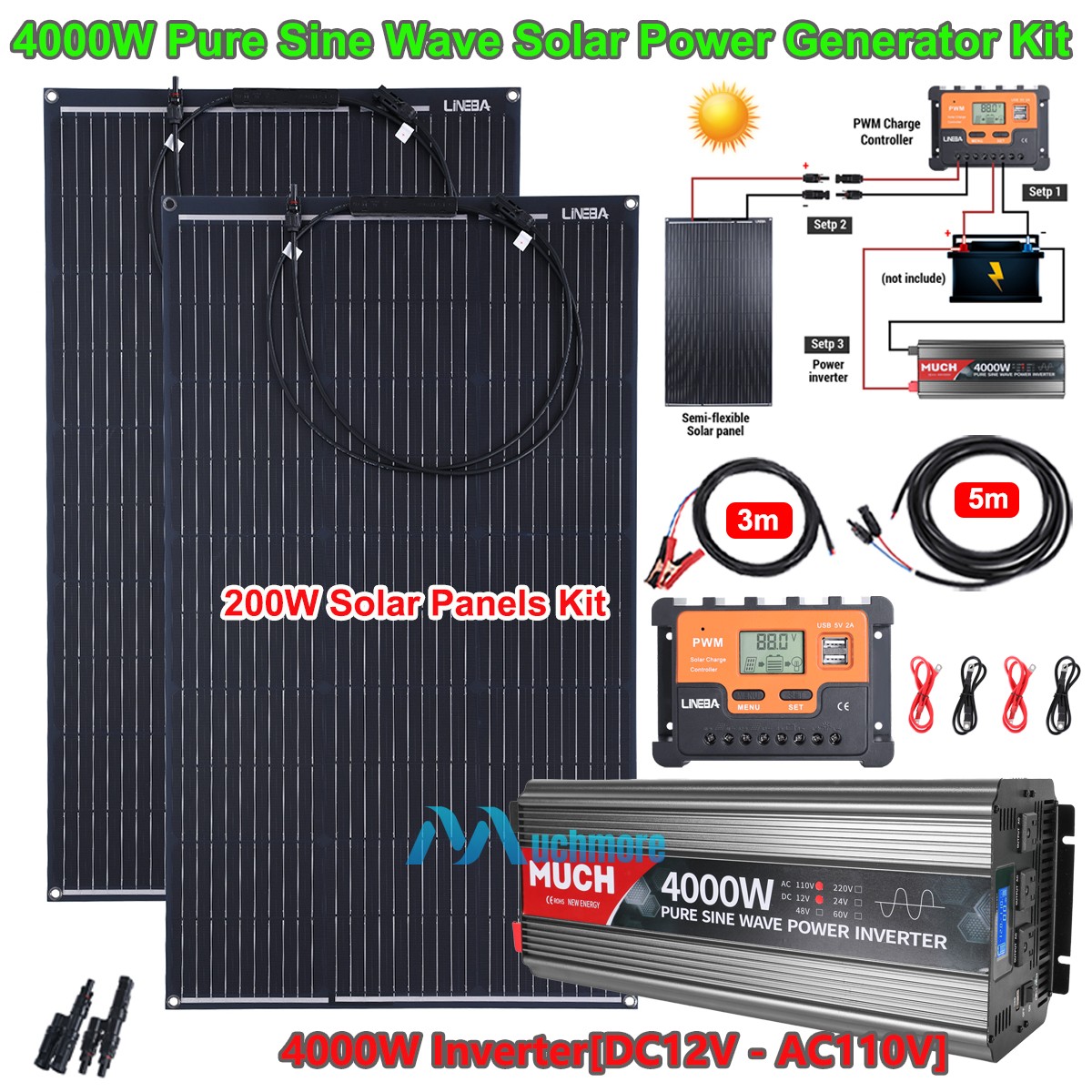 4000W Pure Sine Wave Power Inverter w/ 400W Solar Panel Power Generator Home RV