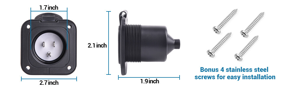 125v 15 Amp Flanged Inlet Plug NEMA 5-15P Power Inlet for Camper RV Trailer Boat