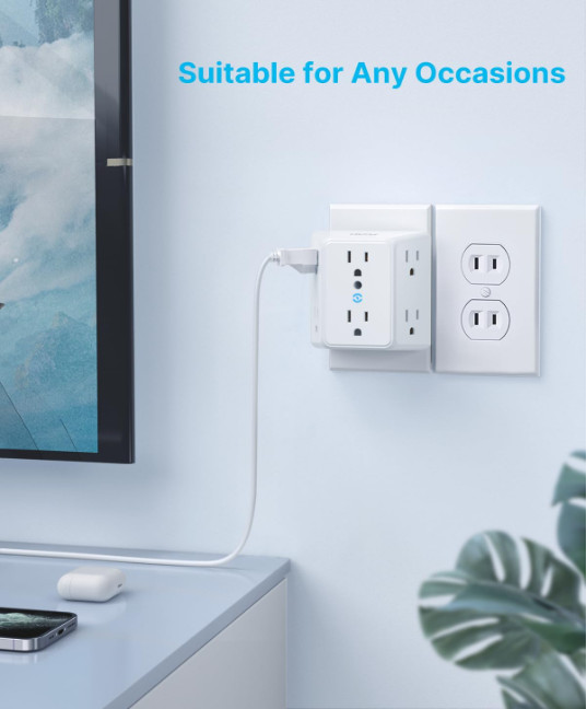 2 Prong to 3 Prong Outlet Adapter, 3 Sided 6 Outlet Widely Spaced Extender, Pola