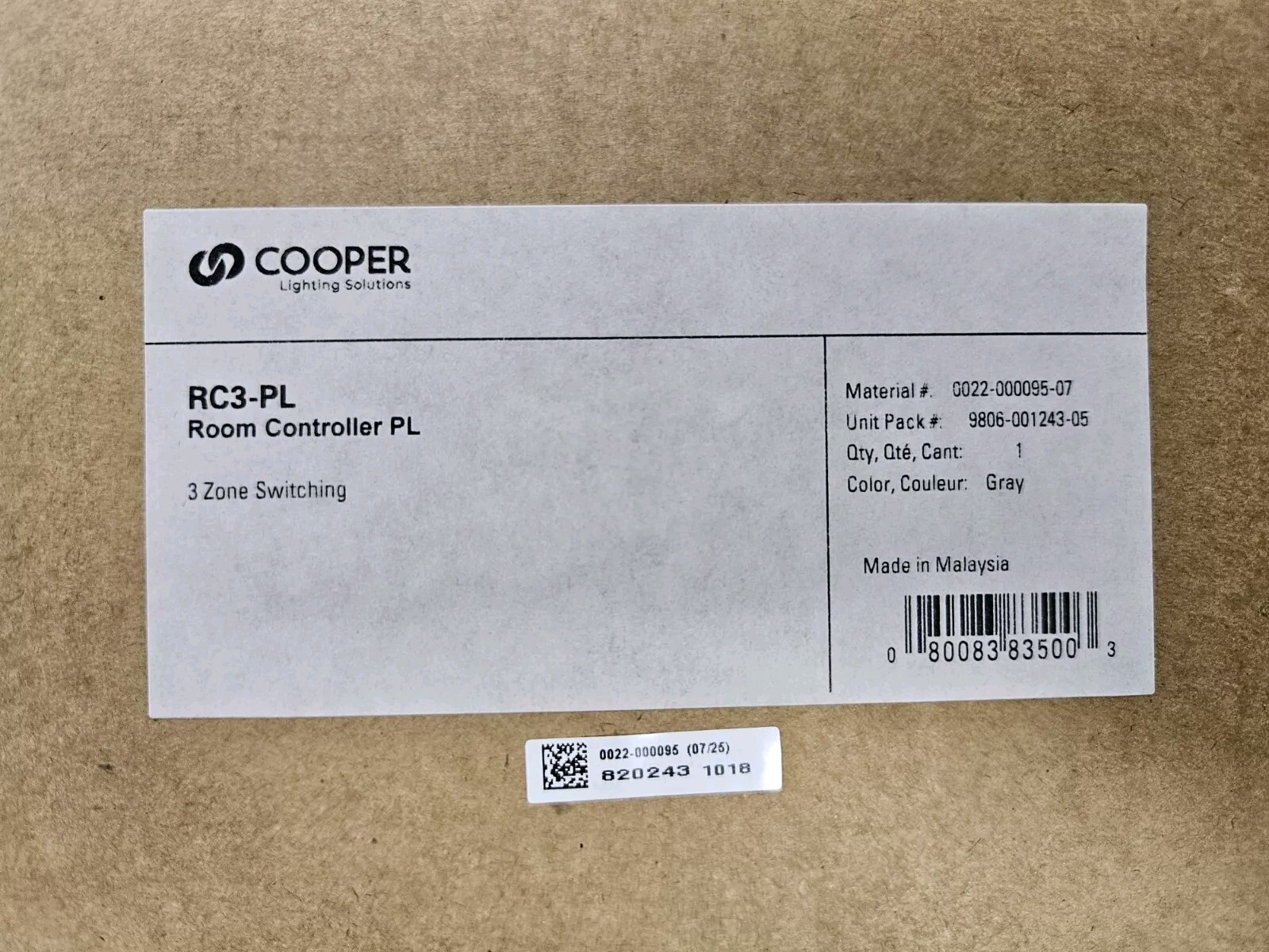 Cooper – RC3-PL Room Controller PL 3 Zone Switching (1ea New)