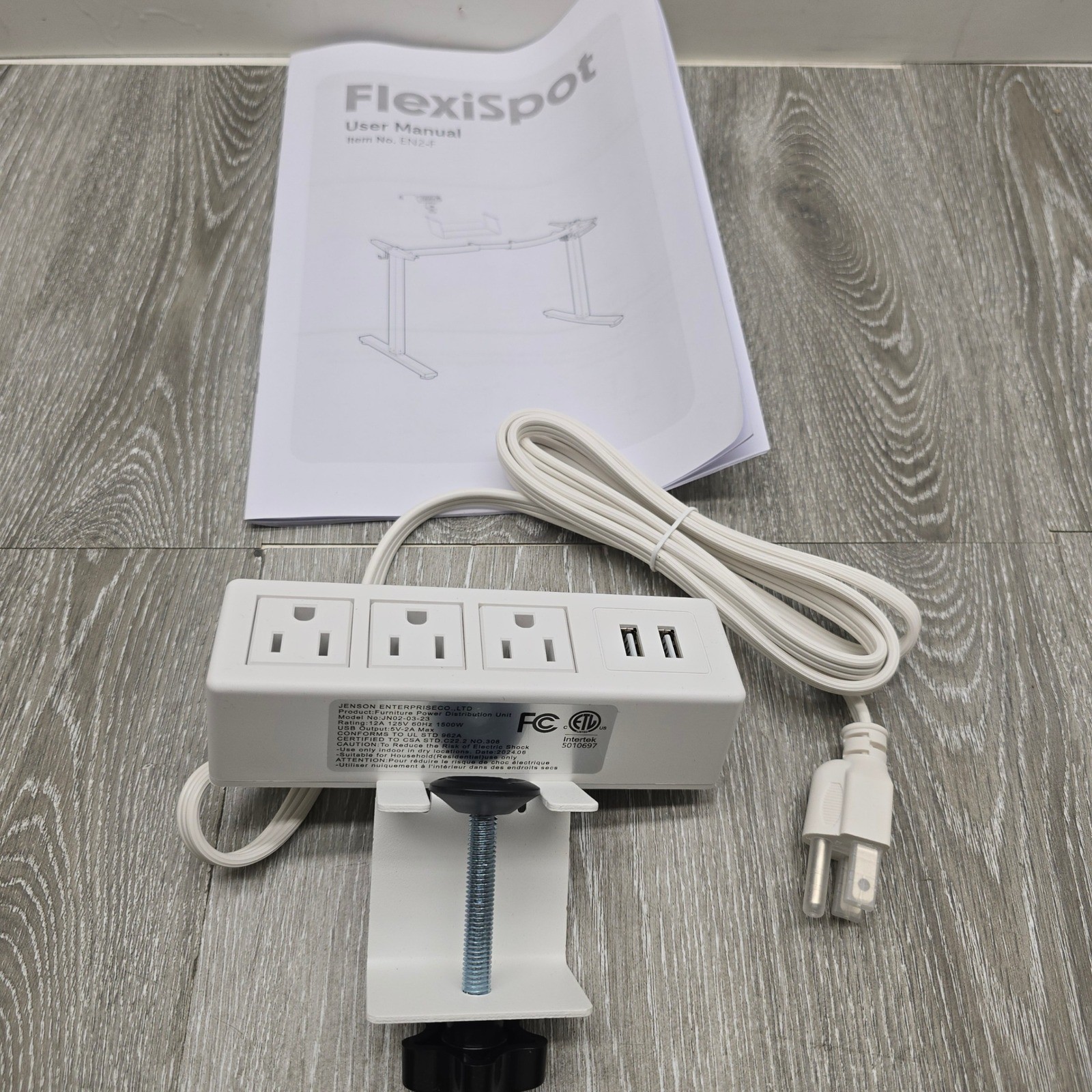 Flexispot Desk Clamp Power Strip 3 Outlets 2 USB Ports White JN02-03-23 New