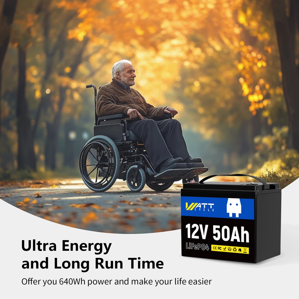 WattCycle 12V 50Ah LiFePO4 Lithium Battery Cycle Deep Built-in 50A BMS for RV