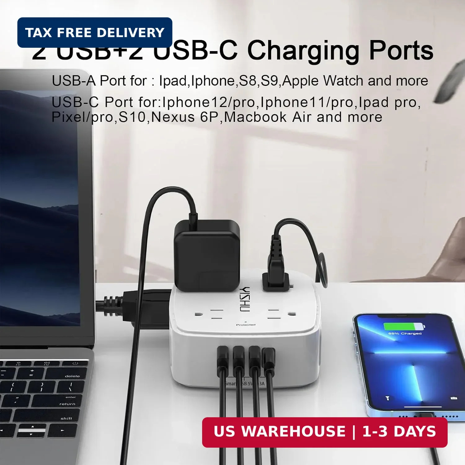 6 Ft Surge Protector Power Strip – 8 Widely Outlets with 4 USB Ports, 3 Side Out