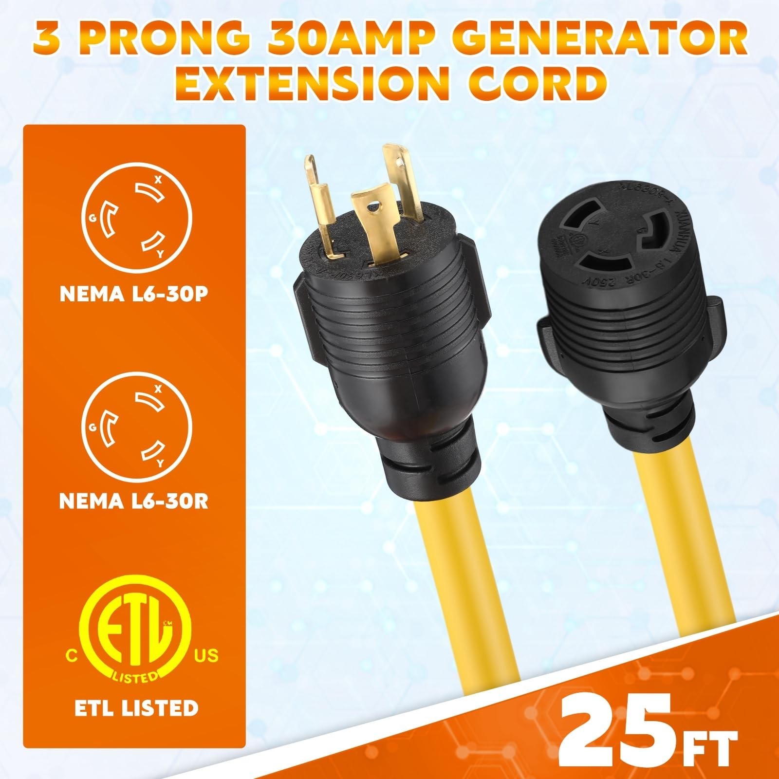 Tellegloww NEMA L6-30 Generator Extension Cord 30A 250V 7500W 25ft