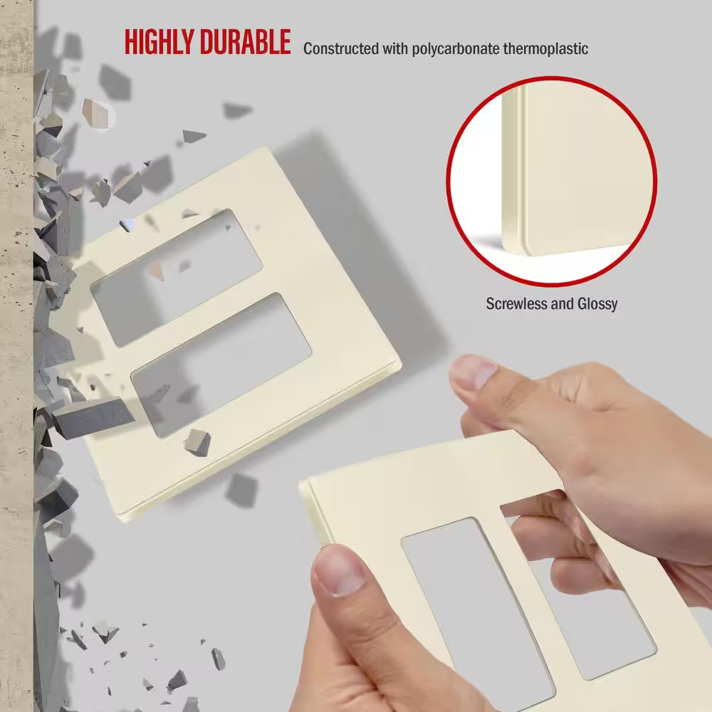 Light Almond 2-Gang, Decorator/Rocker, Plastic Polycarbonate, Screwless Wall Pla