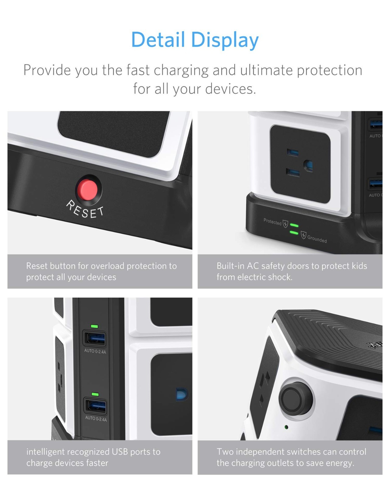 Surge Protector Power Strip with 8 Outlets & 6 USB Ports, 12ft Cord, 1500 Joules