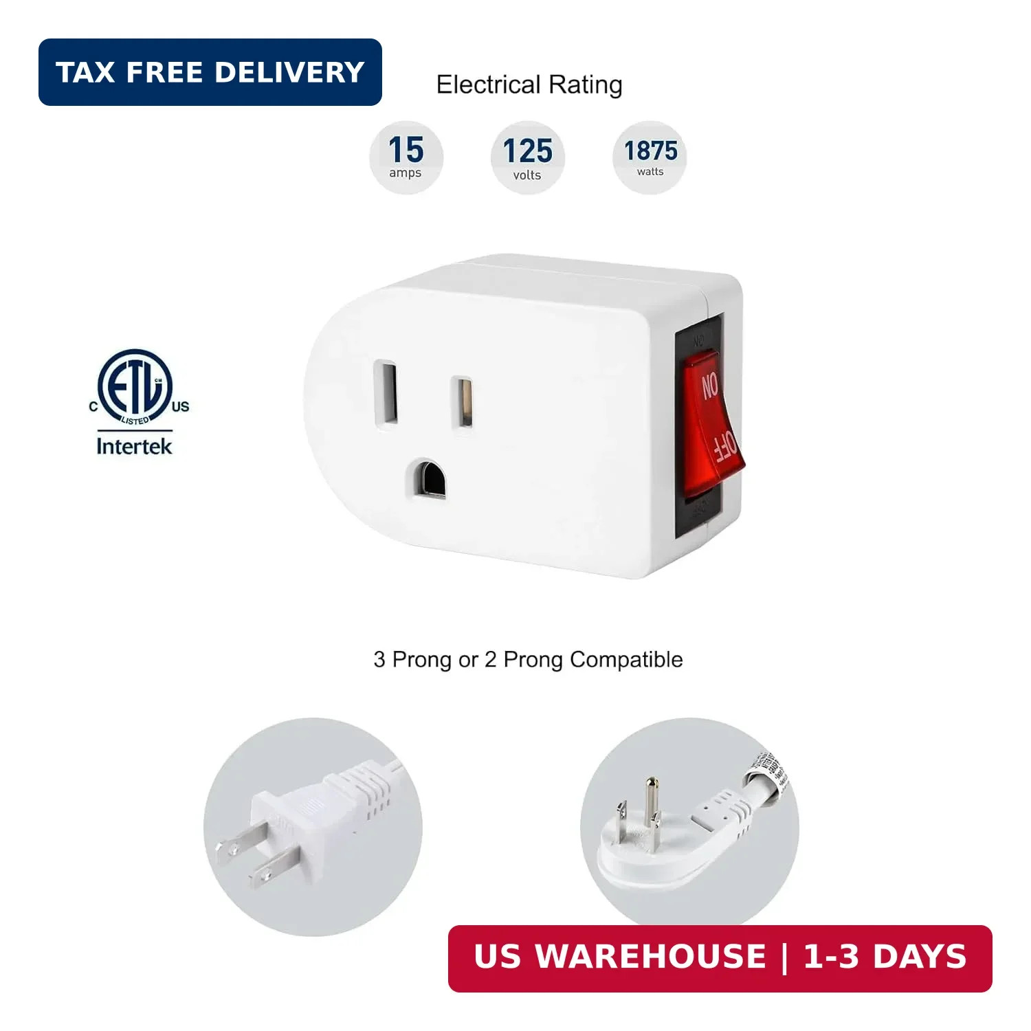 Grounded Wall Tap Adapter Single Outlet Power Switch 15A 1875w 3 Prong White ETL
