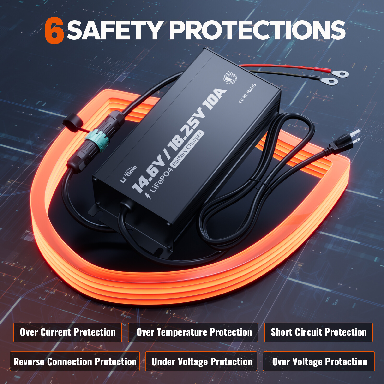 LiTime 12V(14.6V)&16V(18.25V) 10A Smart Charger for LiFePO4 Battery Mountable