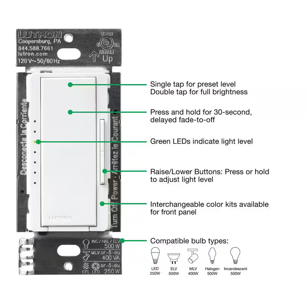 Maestro PRO LED+ Tap Dimmer Switch for 250W LED, 500W ELV, 400W MLV, Single Pole