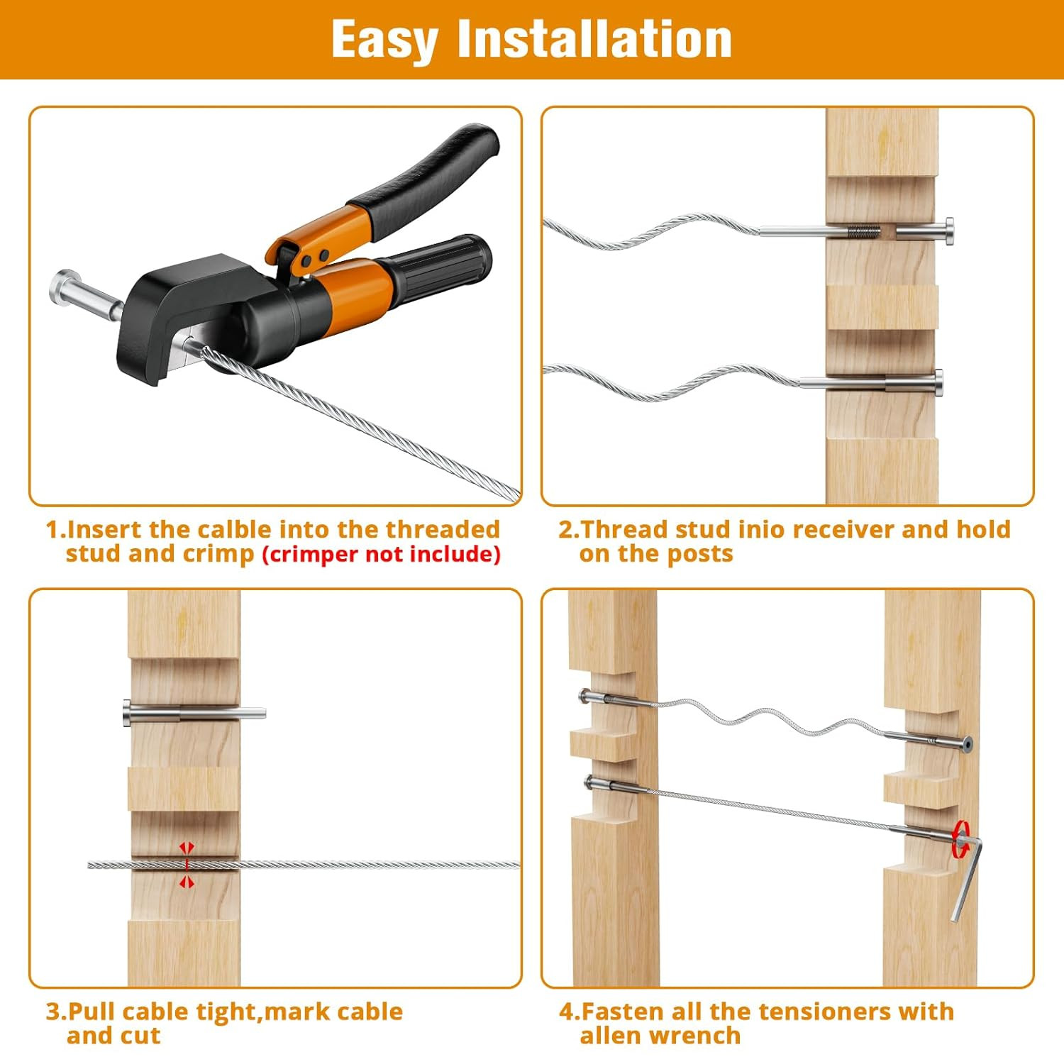 Invisible Cable Railing Kit – 50 Pack 1/8″ T316 Stainless Steel Invisible Receiv