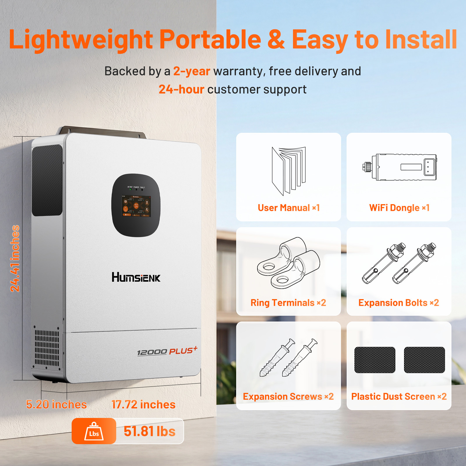 Humsienk 48V 12KW 3-in-1 Solar Hybrid Inverter Dual MPPT 120V/240V Split Phase